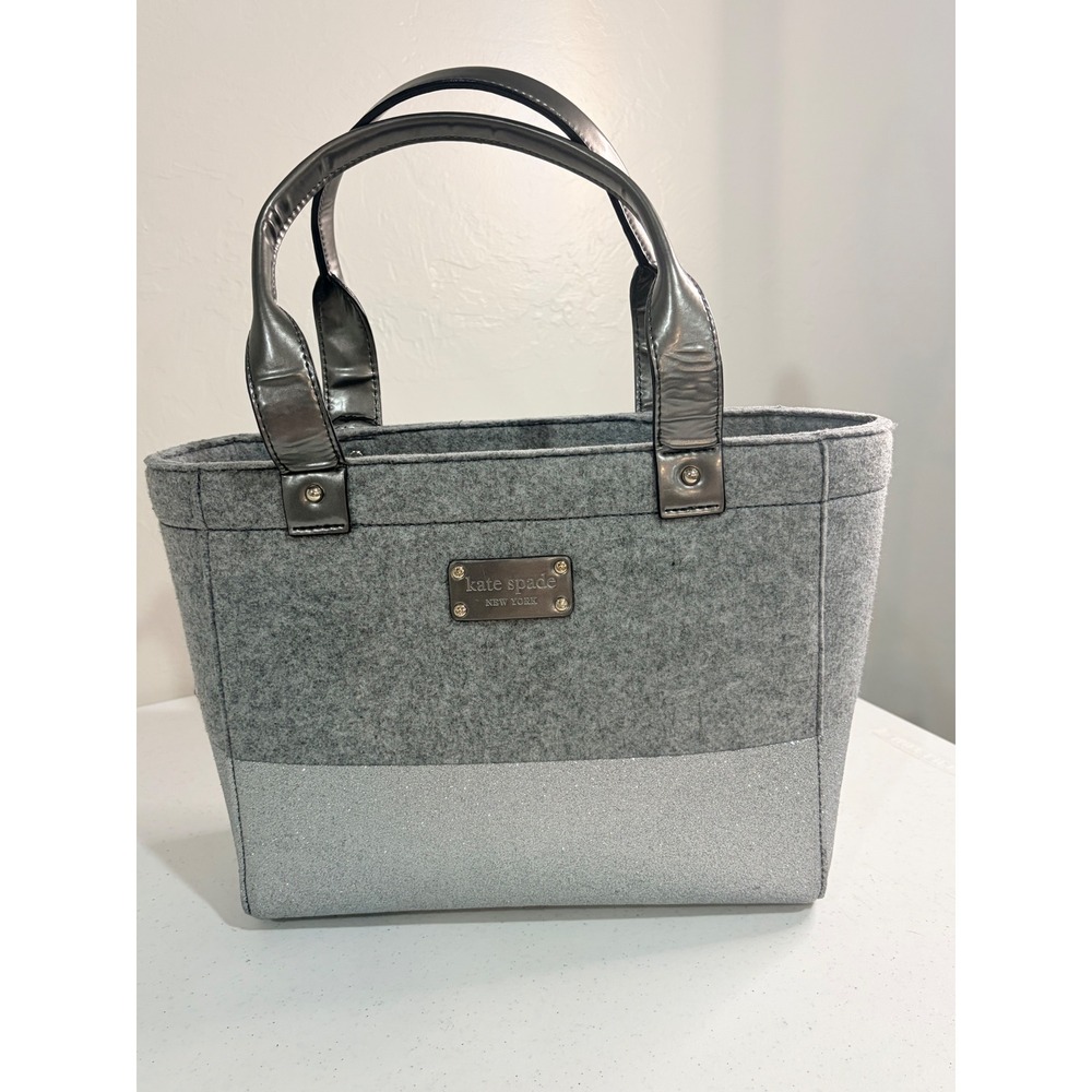 Kate Spade Grey Felt Glitter Tote Bag Metallic Pewter Handles S363